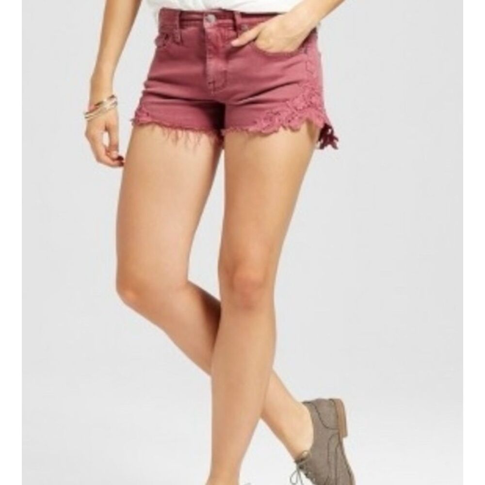 Mossimo high rise cut out floral lace insert cut off jean shorts